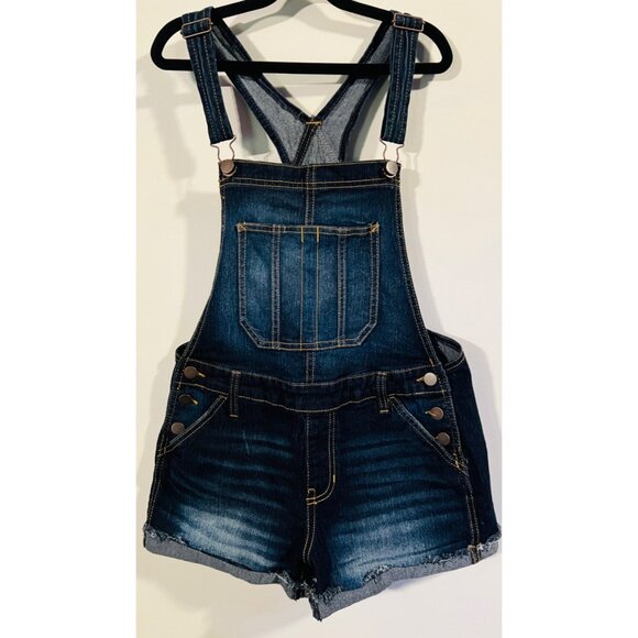Denim Overall Shorts With Adjustable Straps & Front Pocket Design By No Boundari - Picture 1 of 3